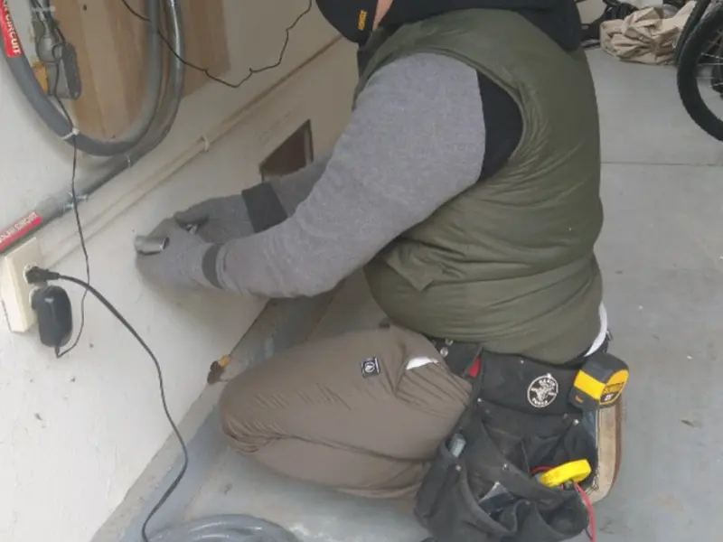 Electrician performing outlet wiring in a Round Lake Beach garage